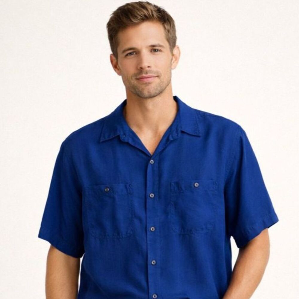 90s Silk Button Up Shirt Mens Sz M Royal Blue Satiny Short Sleeve Quiet Luxury